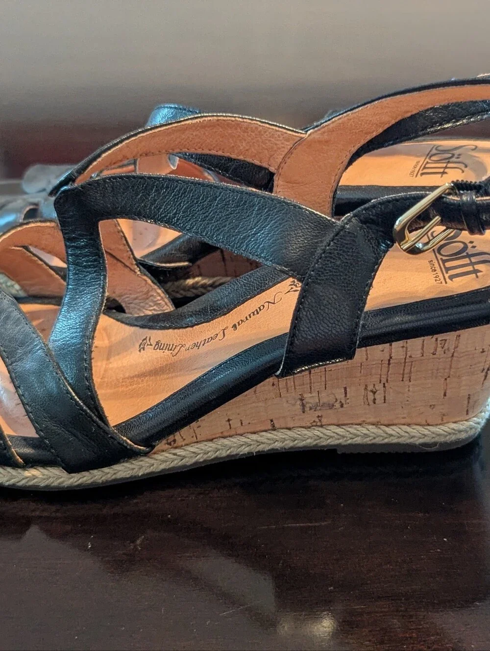 Sofft Women 10M Black  Leather Wedge Heel Espadrille Strappy Sandal Comfort